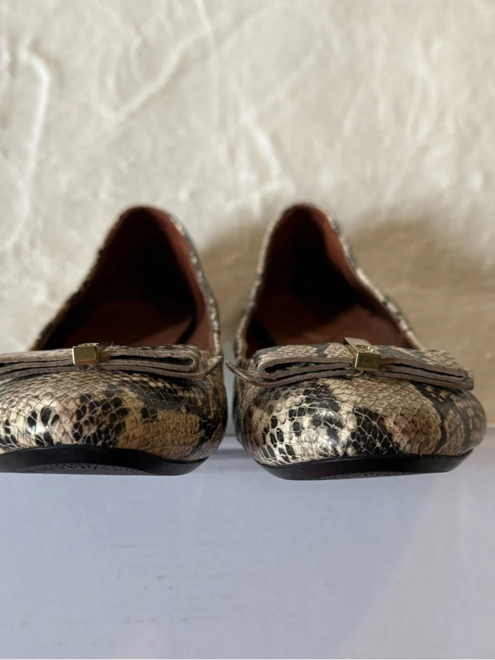 Cole Haan Ballet Flats Bow Detail Snake Print in Black and Cream 7.5